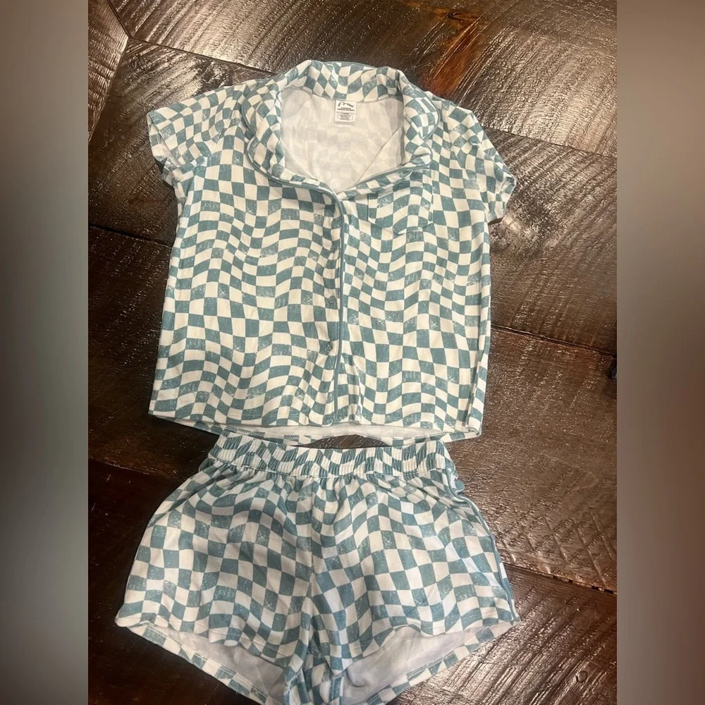 Teal and white checkered pajama short set- ART CLASS